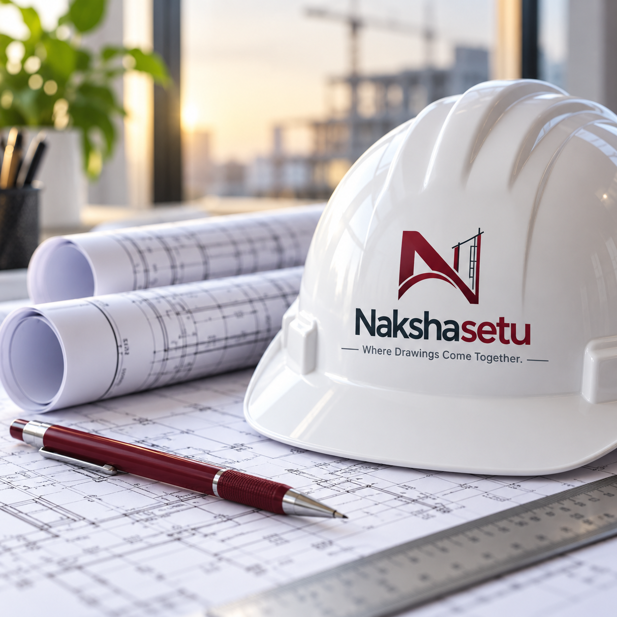 Hard hat with the Nakshasetu logo resting on rolled architectural drawings